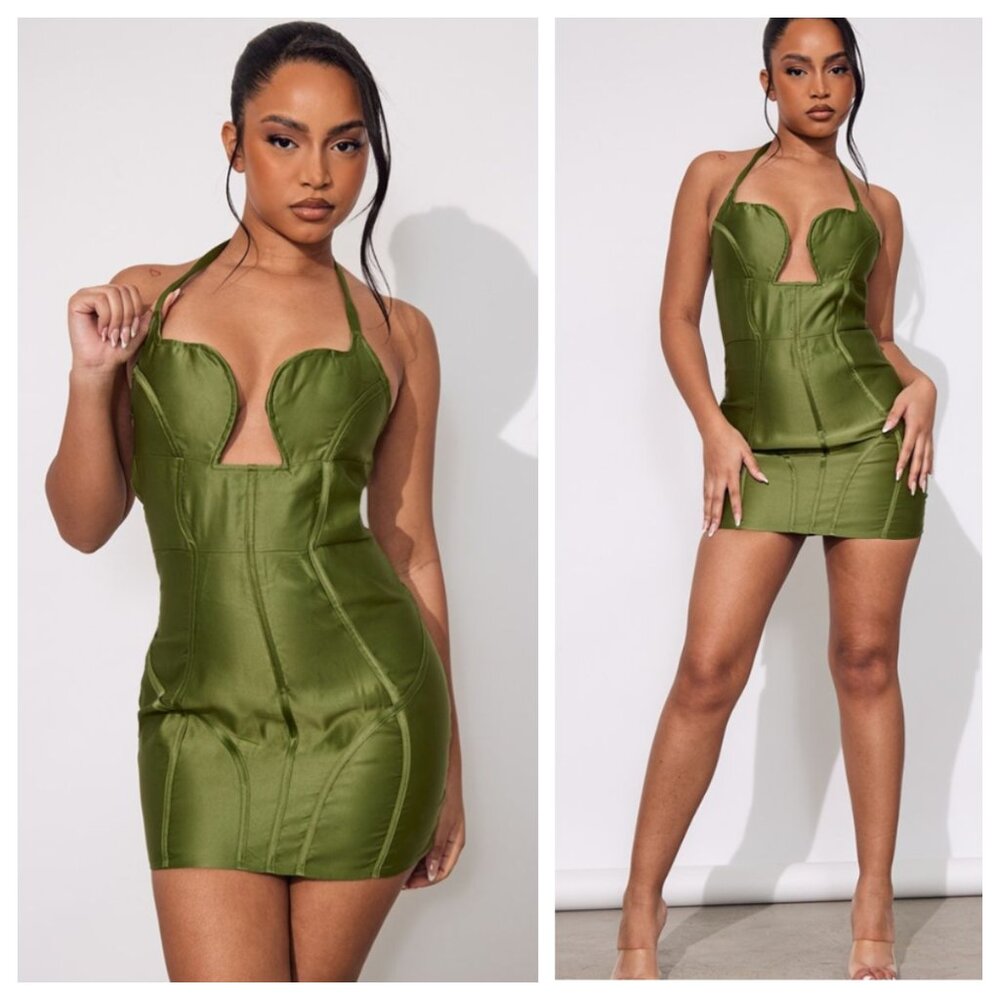 NWT PrettyLittleThing Dark Olive Green Satin Corset Bustier Mini Dress